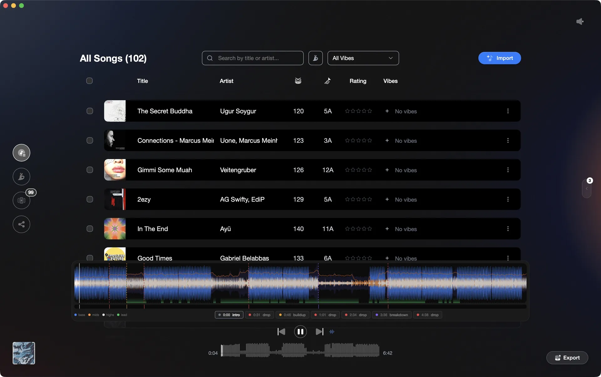 Vibes library with audio player and waveform analysis open