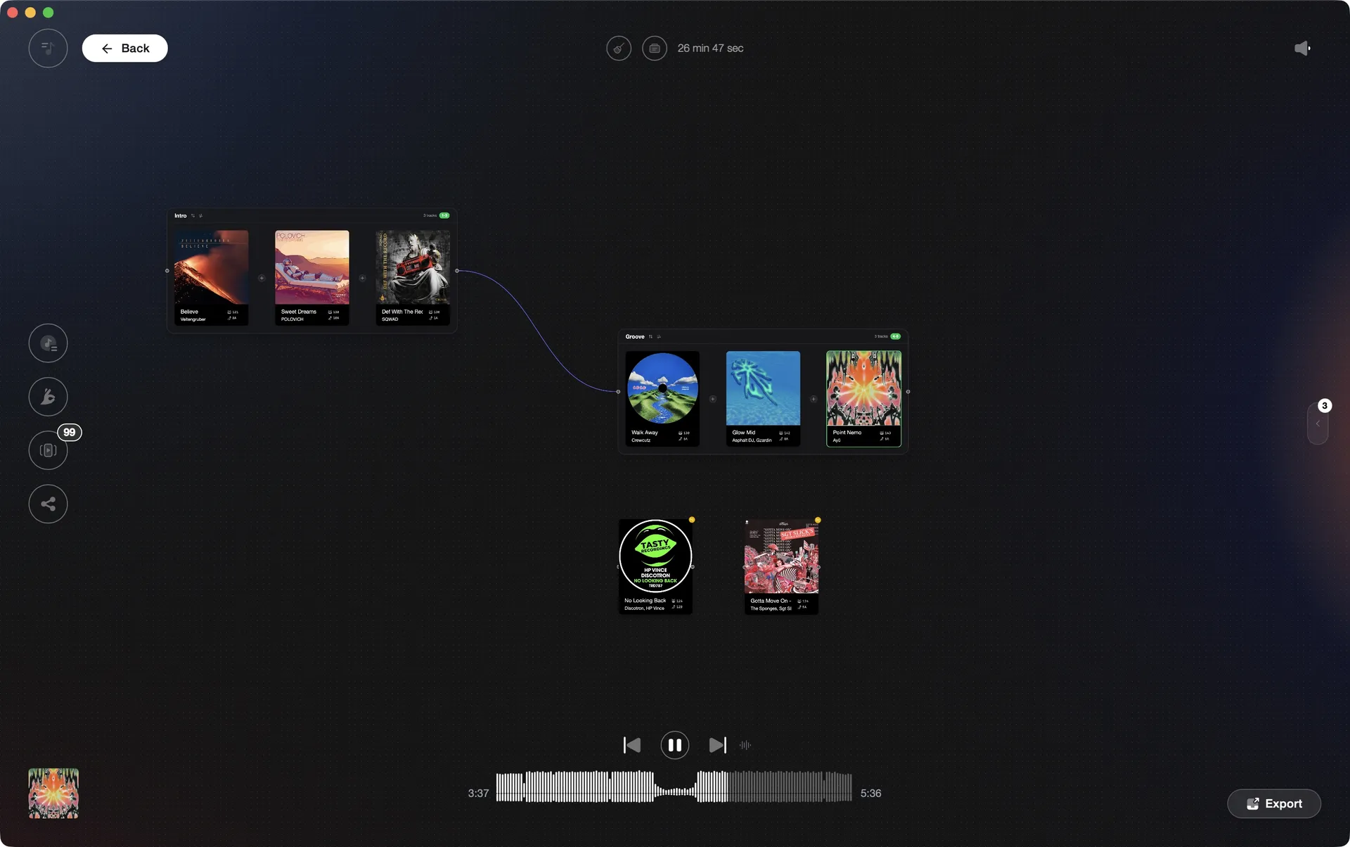 Set builder canvas with connected track groups forming a DJ set