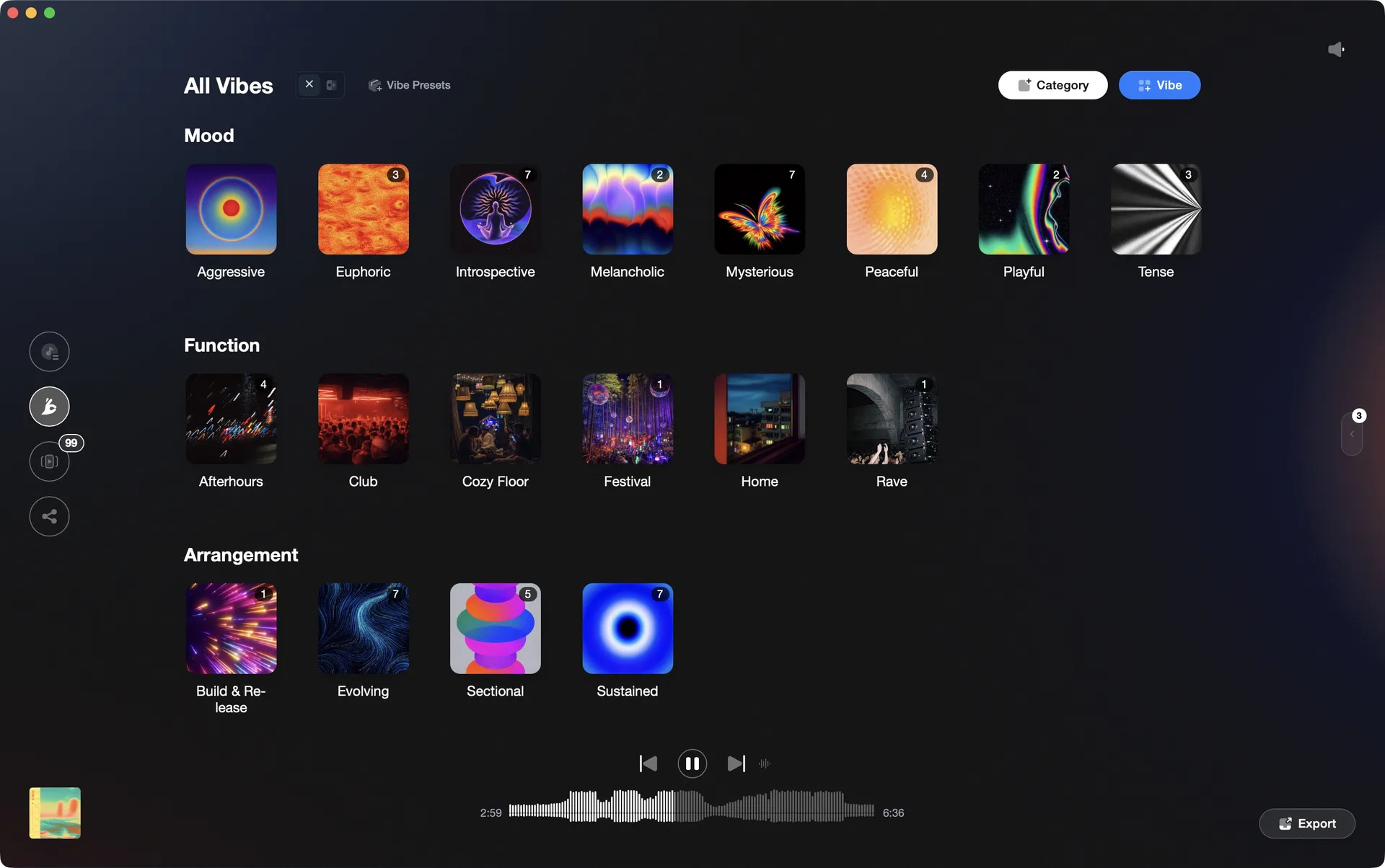 Vibe taxonomy showing mood, function, and arrangement categories