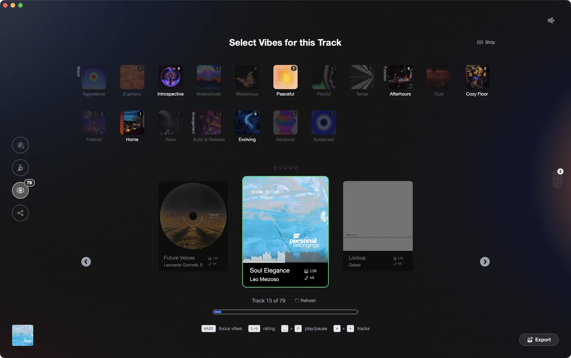 Track sorting interface with vibe selection and album art carousel